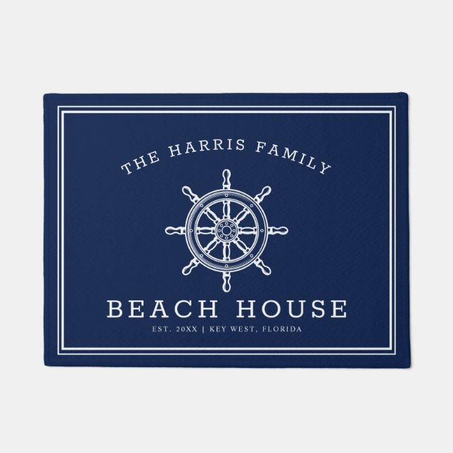 Nautical Wheel Beach House Willkommen Marine und W Fußmatte (Vorderseite)