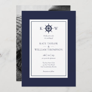 Nautical Wheel Navy Blue Monogram Wedding Foto Einladung