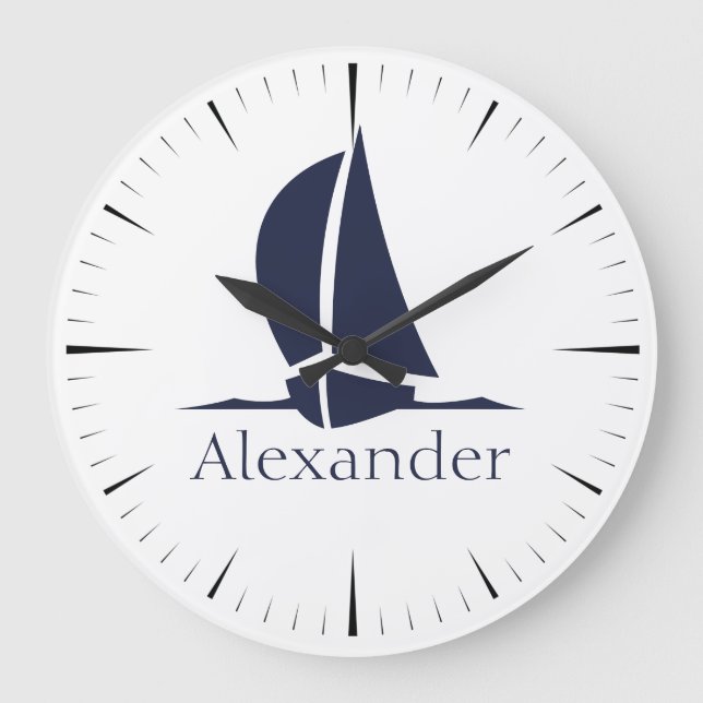 Nautical White sailboat Navy blue Coastal Monogram Große Wanduhr (Vorderseite)