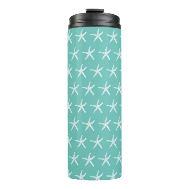 Nautical White Starfish Patterns Beach Aquamarin B Thermosbecher (Vorderseite)