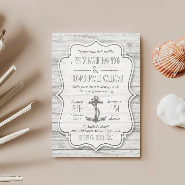 Nautical Whitewusal Wood Beach Wedding Collection Einladung (Von Creator hochgeladen)