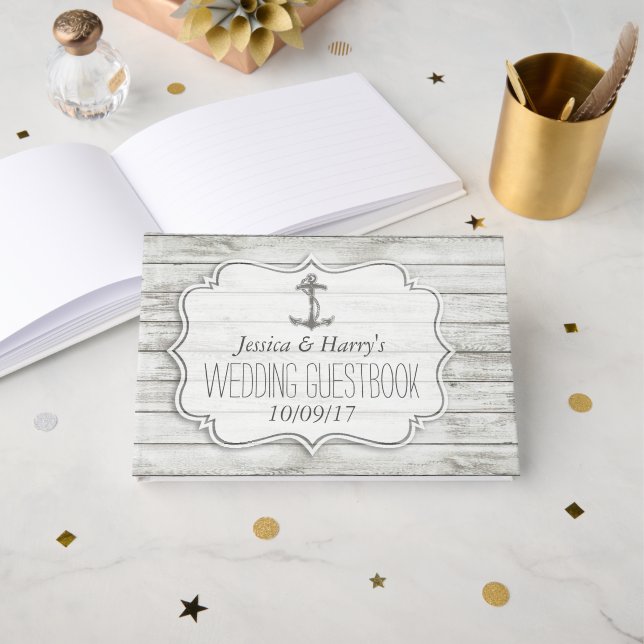 Nautical Whitewusal Wood Beach Wedding Collection Gästebuch (Vorderseite Offen)