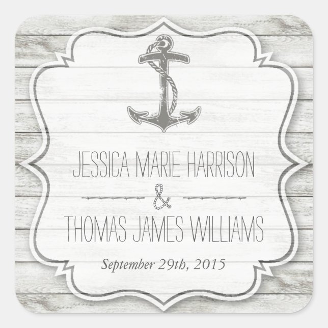 Nautical Whitewusal Wood Beach Wedding Collection Quadratischer Aufkleber (Vorderseite)