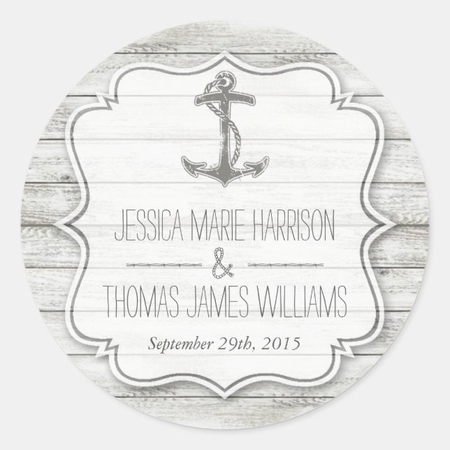 Nautical Whitewusal Wood Beach Wedding Collection Runder Aufkleber (Vorderseite)