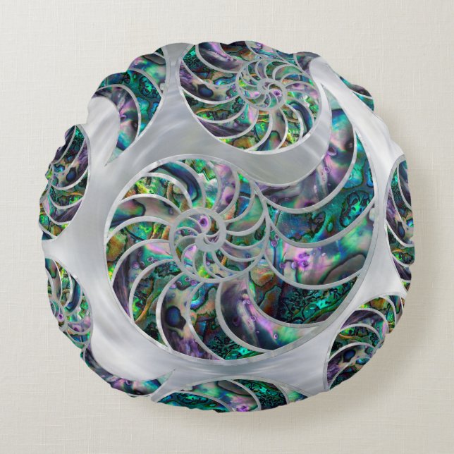 Nautilus Muschel Abalone und Pearl Rundes Kissen (Vorderseite)