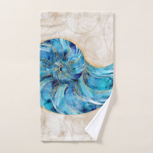 Nautilus Muschel Blaue Wasserfarbe Badhandtuch Set (Handtuch)