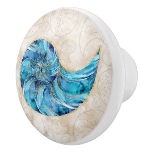 Nautilus Muschel Blaue Wasserfarbe Keramikknauf (Rechts)