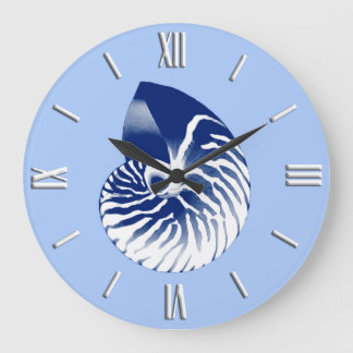 Nautilus Muschel - Marine, weiß & hellblau Große Wanduhr