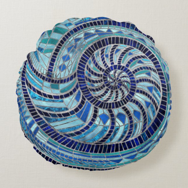 Nautilus-Muschel-Mosaikkunst Rundes Kissen (Vorderseite)