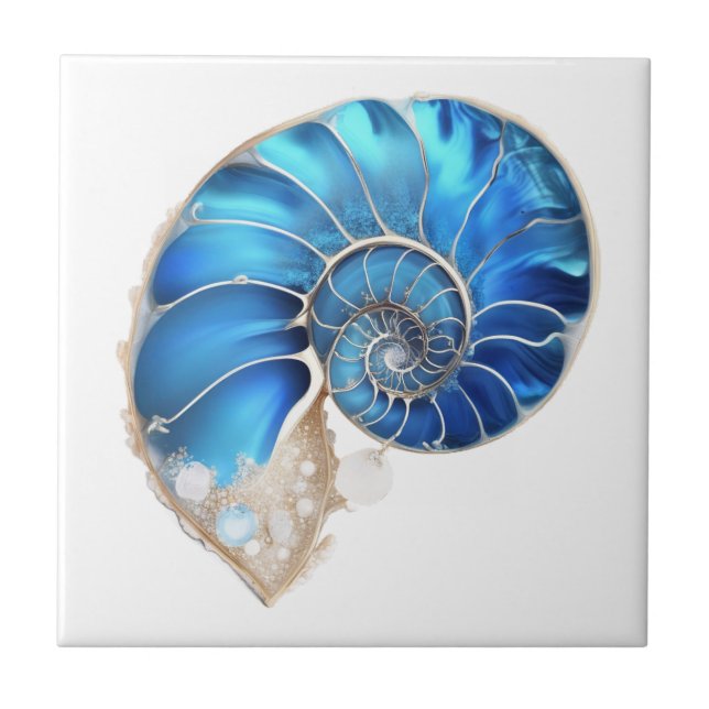 Nautilus-Muschel Ozeanblau 3D Schimmer Strand Fliese (Vorderseite)