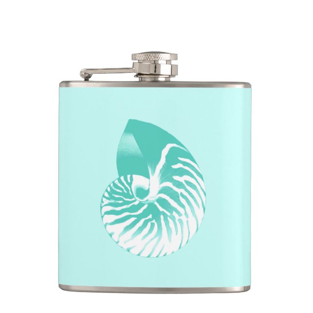 Nautilus-Muschel - Türkis, Aqua und Weiß Flachmann (Vorderseite)