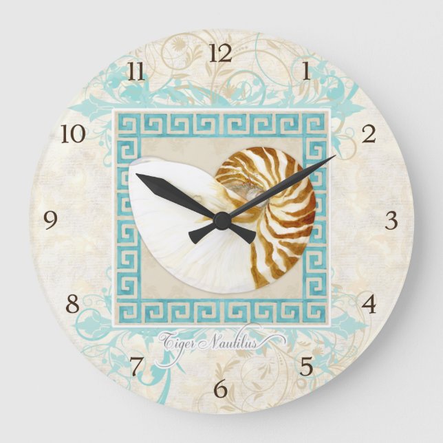 Nautilus Muschel Wasserfarbe Griechischer Schlüsse Große Wanduhr (Vorderseite)