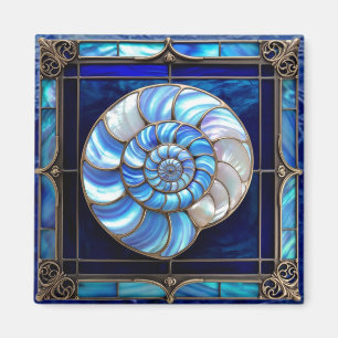 Nautilus-Schnecke im Blau-Buntglas-Look Magnet