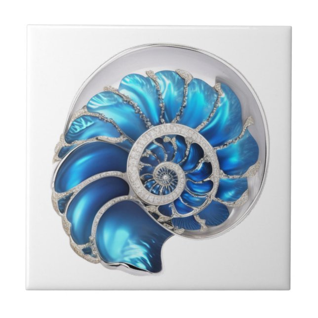 Nautilus seashell Ozean blauer 3D Strand nautisch Fliese (Vorderseite)