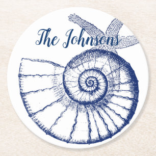 Nautilus Seashell & Starfish Marine Life Custom Runder Pappuntersetzer