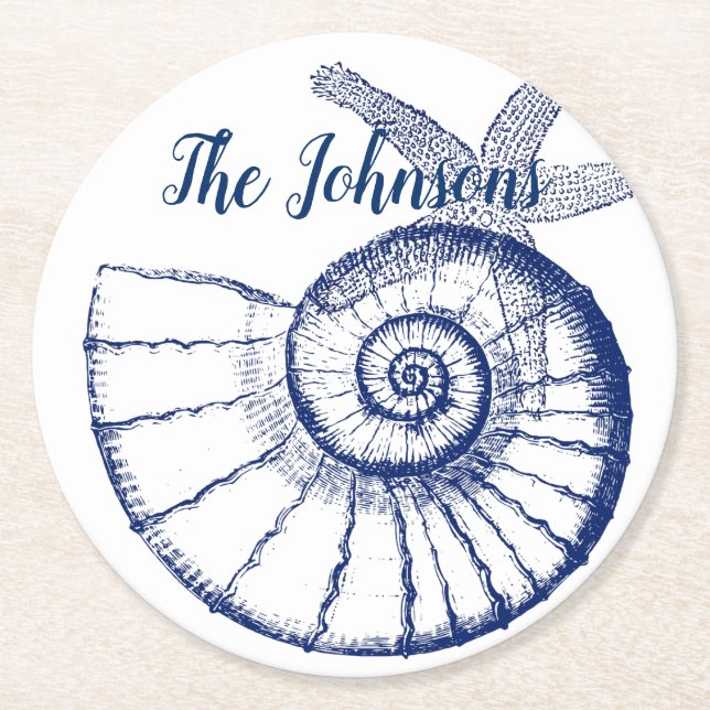Nautilus Seashell & Starfish Meereslebewesen Runder Pappuntersetzer (Vorderseite)