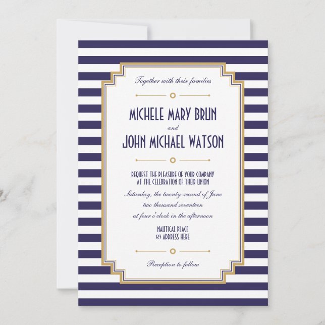 Nautique Bleu Marine Blanc Mariage Invitation (Devant)