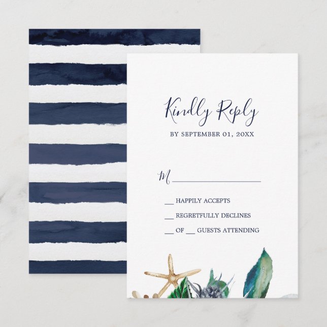 Nautique moderne | Carte RSVP verte et rayures (Devant / Derrière)