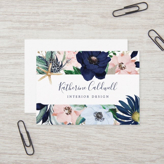 Nautique moderne | Floral White Back Carte de visi (Devant/Arrière en situation)