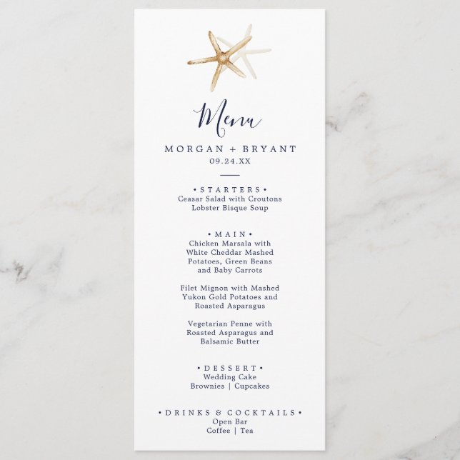 Nautique moderne | Menu du dîner Mariage Starfish (Devant)