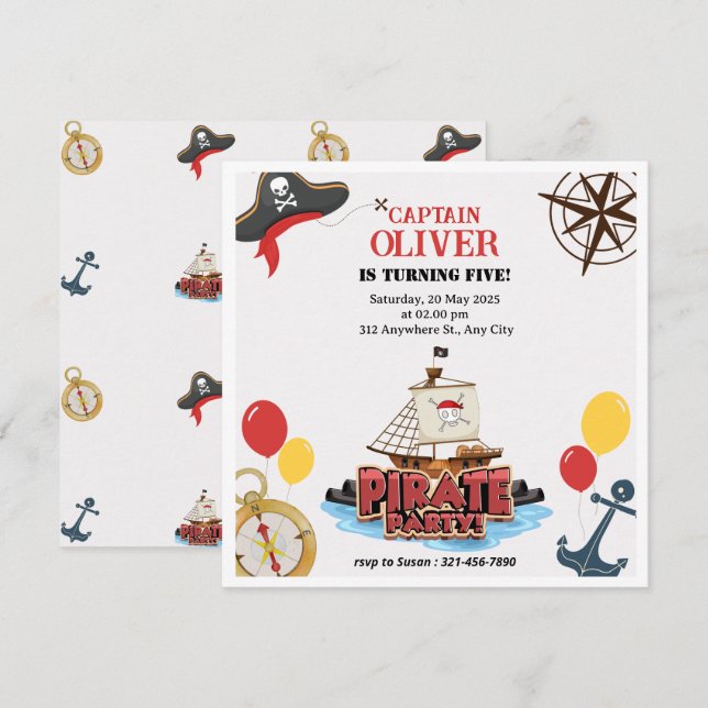 Nautique Pirate mer Anniversaire Invitation Cartes (Devant / Derrière)