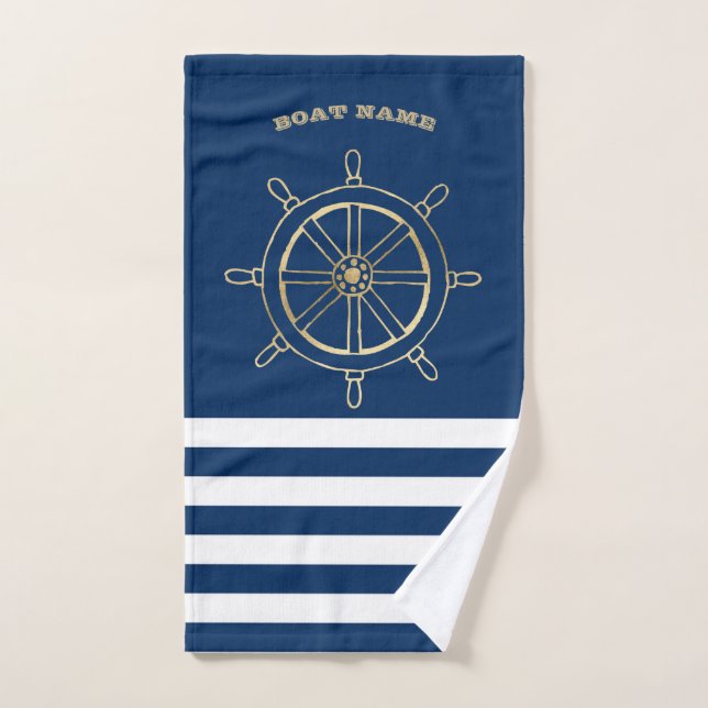 Nautique, Roue de bateau en or, Bleu de marine (Serviette à main)