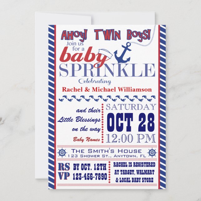 Nautique Twin Baby Boy Sprinkle Invitation (Devant)