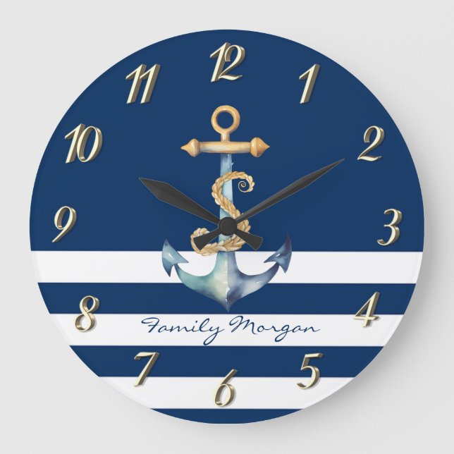Nautisch, Aquarellfarben Anker Navy Blau Streifen Große Wanduhr (Vorderseite)