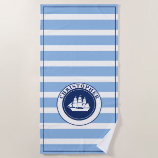 Nautisch blau gestreiftes Segelschiff monogrammier Strandtuch