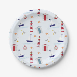 Nautisch blaue Boot-Leuchtturm-Rot-Anker-Seestern Pappteller
