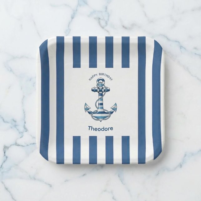 Nautisch gestreifter Anker Geburtstag Pappteller (Perfect for your nautical bash.)