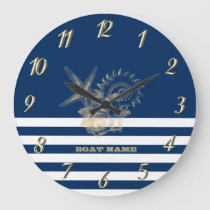 Nautisch, Goldene Muscheln Marineblaue Streifen Große Wanduhr