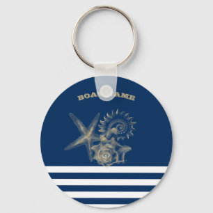 Nautisch, Goldene Muscheln Navy Blau Streifen  Schlüsselanhänger
