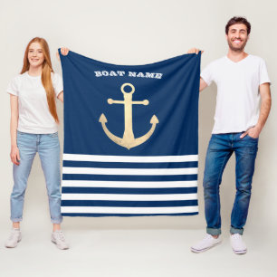 Nautisch, Goldener Anker  Navy Blau Gestreift Fleecedecke