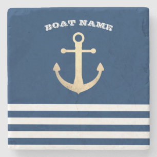 Nautisch, Goldener Anker Navy Blau Gestreift Steinuntersetzer