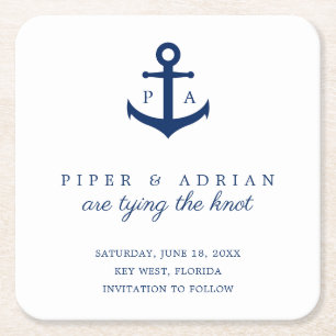 Nautisch marineblaue Anker-Monogramm-Save-the-Date Rechteckiger Pappuntersetzer