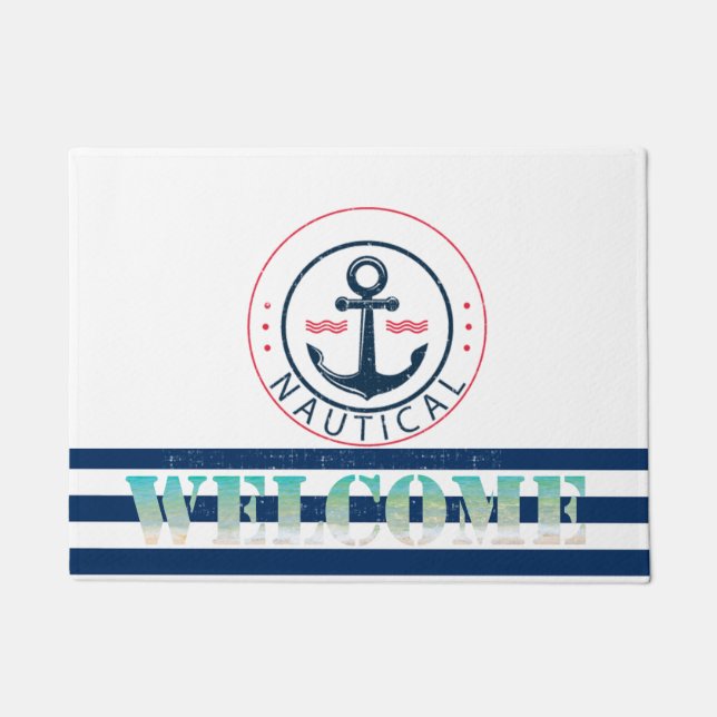 nautisch, Schiffsname, Anker Blaue Streifen Fußmatte (Vorderseite)