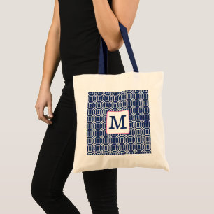 Nautisch weißes achteckiges geometrisches Monogram Tragetasche