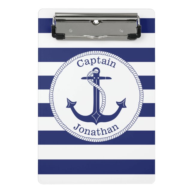 Nautische Anchor Navy Blue Captain Personalisiert Mini Klemmbrett (Vorderseite)