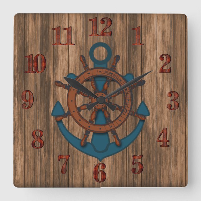 Nautische Anker aus altem Holz Quadratische Wanduhr (Vorderseite)