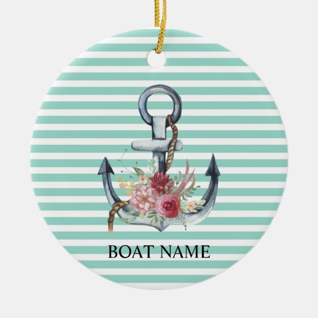 Nautische, Anker-Blume mit grünen Streifen Keramik Ornament (Vorne)