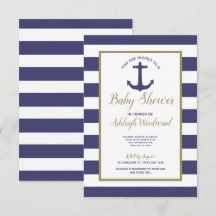 Nautische Anker Marineblaue Streifen Jungen Baby-P Einladung