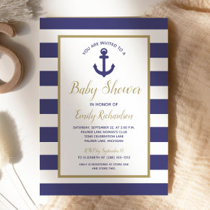 Nautische Anker Marineblaue Streifen Jungen Baby-P Einladung