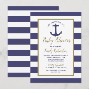 Nautische Anker Marineblaue Streifen Jungen Baby-P Einladung