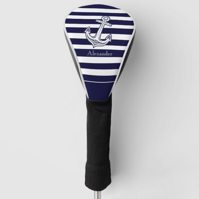 Nautische Anker Navy Blau und Weiße Streifen Golf Headcover (Vorderseite)