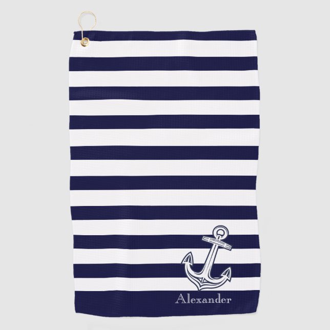 Nautische Anker Navy Blau und Weiße Streifen Golfhandtuch (Vorderseite)