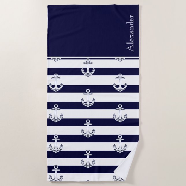 Nautische Anker Navy Blau und Weiße Streifen Strandtuch (Vorderseite)
