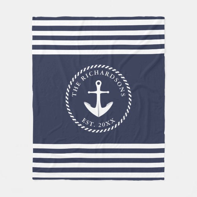 Nautische Anker Navy Blue und White Stripes Custom Fleecedecke (Vorderseite)
