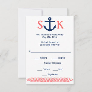 Nautische Anker RSVP Card Navy and Coral Karte