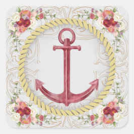 Nautische Anker- und Blumenroseate Quadratischer Aufkleber